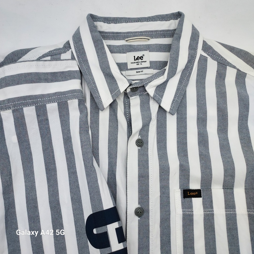 Lee Men Slim Fit Striped Button Down Shirt Grey White Long Sleeve XL Logo Sleeve